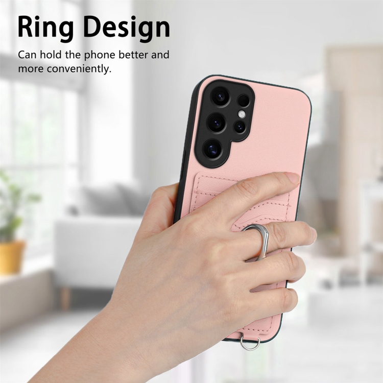 For Samsung Galaxy S24 Ultra 5G R20 Crossbody Rope Ring Card Holder Phone Case(Pink)