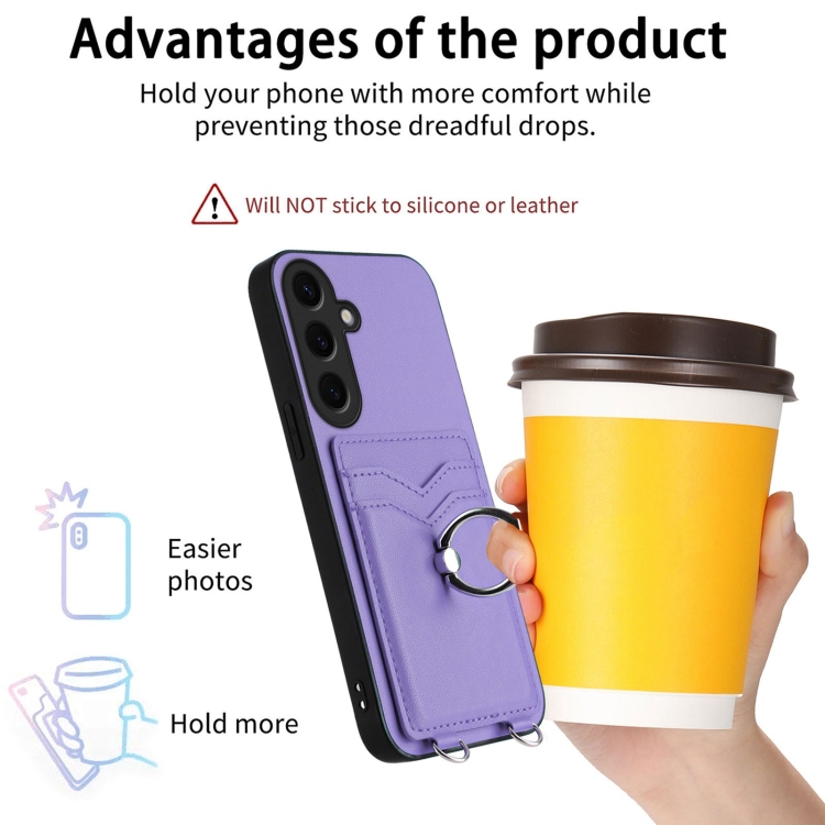 For Samsung Galaxy S24 5G R20 Crossbody Rope Ring Card Holder Phone Case(Purple) For Samsung Galaxy S24 5G R20 Crossbody Rope Ring Card Holder Phone Case(Purple)