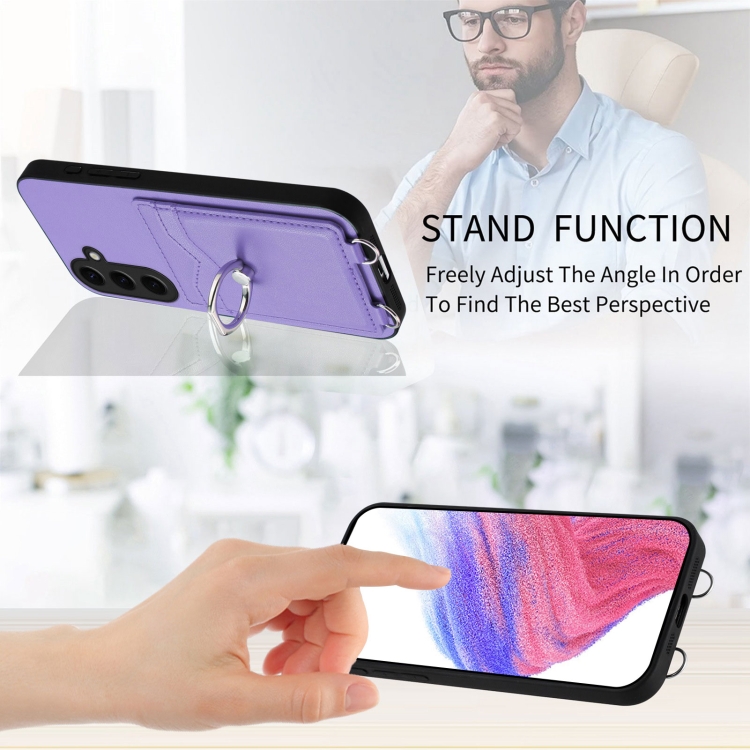 For Samsung Galaxy S24 5G R20 Crossbody Rope Ring Card Holder Phone Case(Purple) For Samsung Galaxy S24 5G R20 Crossbody Rope Ring Card Holder Phone Case(Purple)