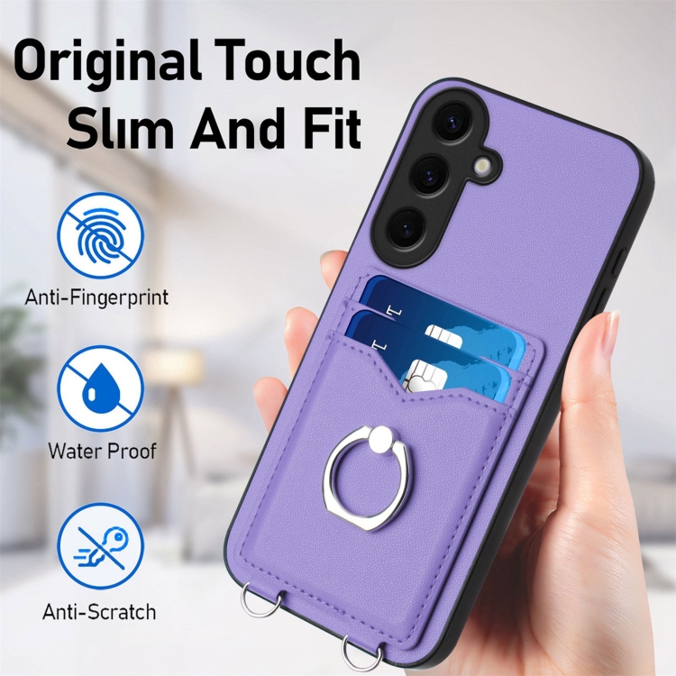 For Samsung Galaxy S24 5G R20 Crossbody Rope Ring Card Holder Phone Case(Purple) For Samsung Galaxy S24 5G R20 Crossbody Rope Ring Card Holder Phone Case(Purple)