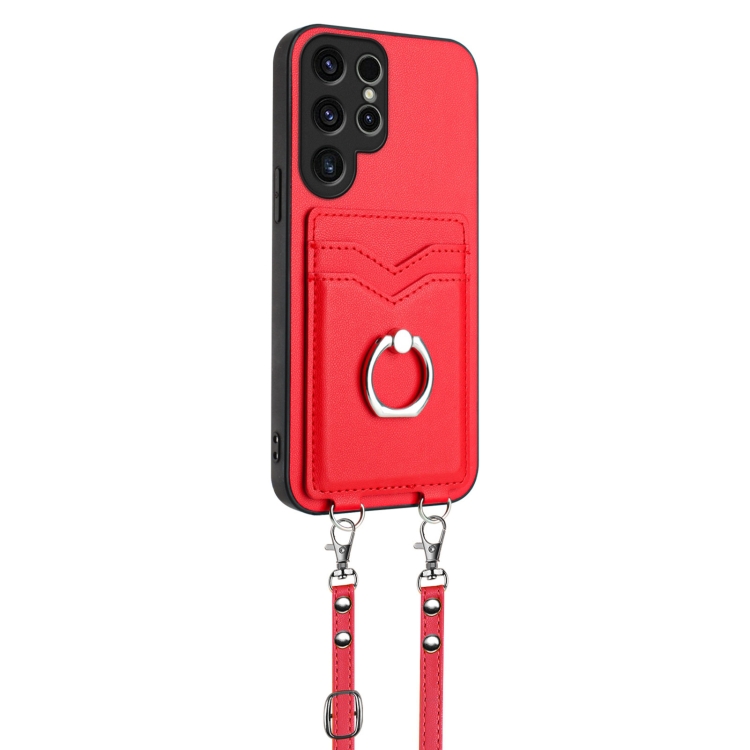 For Samsung Galaxy S23 Ultra 5G R20 Crossbody Rope Ring Card Holder Phone Case(Red) For Samsung Galaxy S23 Ultra 5G R20 Crossbody Rope Ring Card Holder Phone Case(Red)