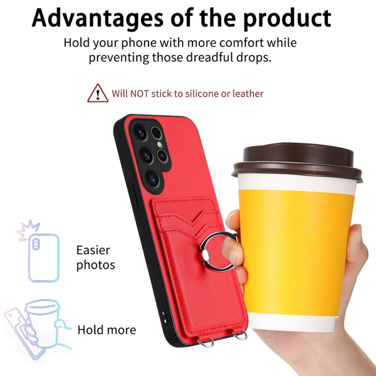 For Samsung Galaxy S23 Ultra 5G R20 Crossbody Rope Ring Card Holder Phone Case(Red) For Samsung Galaxy S23 Ultra 5G R20 Crossbody Rope Ring Card Holder Phone Case(Red)