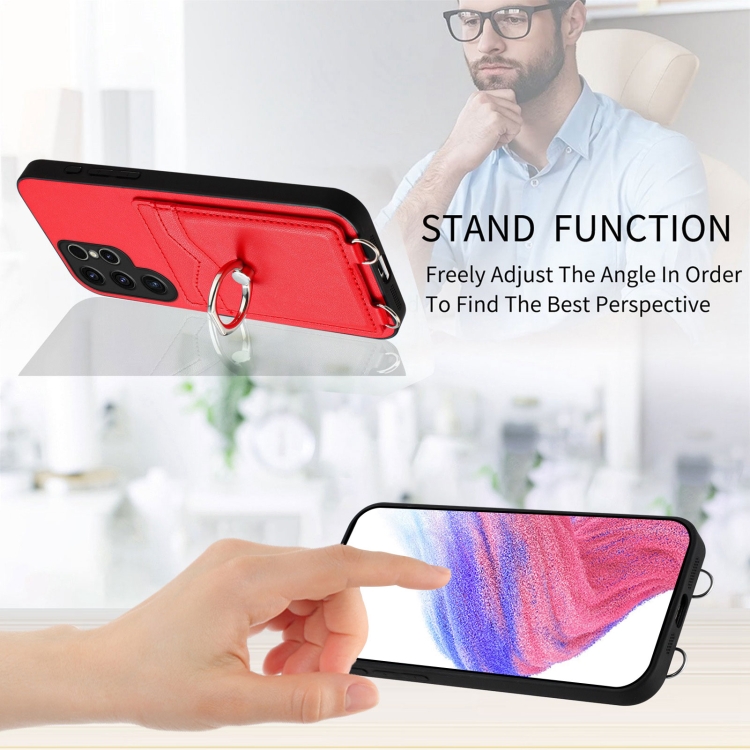 For Samsung Galaxy S23 Ultra 5G R20 Crossbody Rope Ring Card Holder Phone Case(Red) For Samsung Galaxy S23 Ultra 5G R20 Crossbody Rope Ring Card Holder Phone Case(Red)