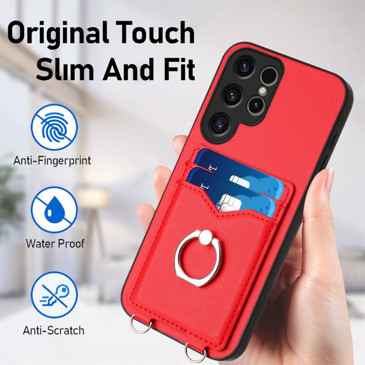 For Samsung Galaxy S23 Ultra 5G R20 Crossbody Rope Ring Card Holder Phone Case(Red) For Samsung Galaxy S23 Ultra 5G R20 Crossbody Rope Ring Card Holder Phone Case(Red)