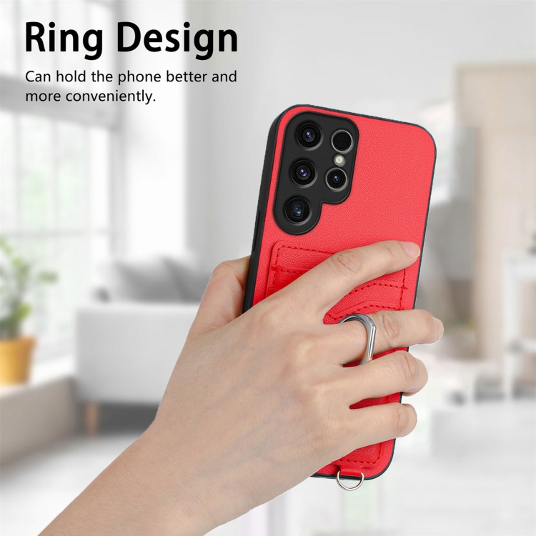For Samsung Galaxy S23 Ultra 5G R20 Crossbody Rope Ring Card Holder Phone Case(Red) For Samsung Galaxy S23 Ultra 5G R20 Crossbody Rope Ring Card Holder Phone Case(Red)