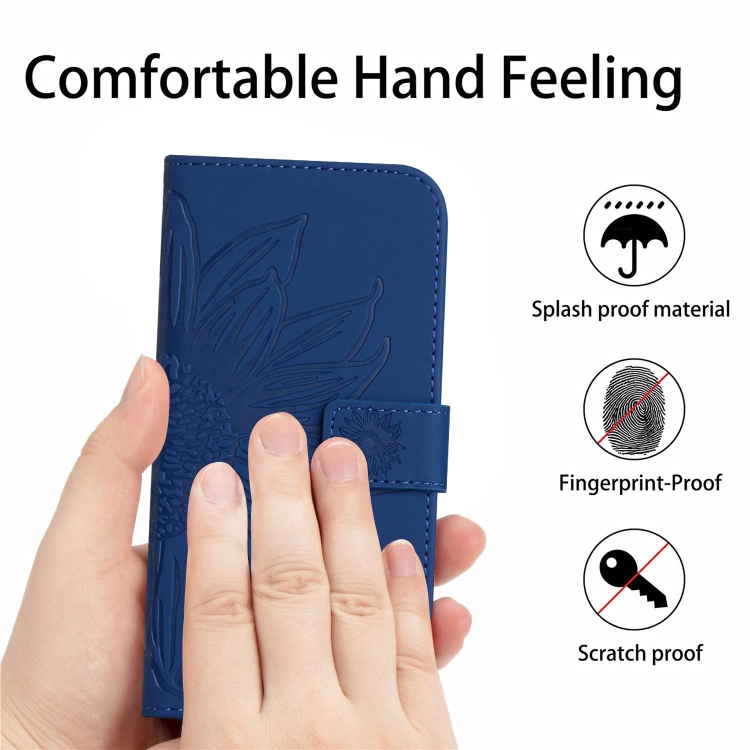 For Samsung Galaxy S24 FE Skin Feel Sun Flower Embossed Flip Leather Phone Case with Lanyard(Dark Blue) For Samsung Galaxy S24 FE Skin Feel Sun Flower Embossed Flip Leather Phone Case with Lanyard(Dark Blue)