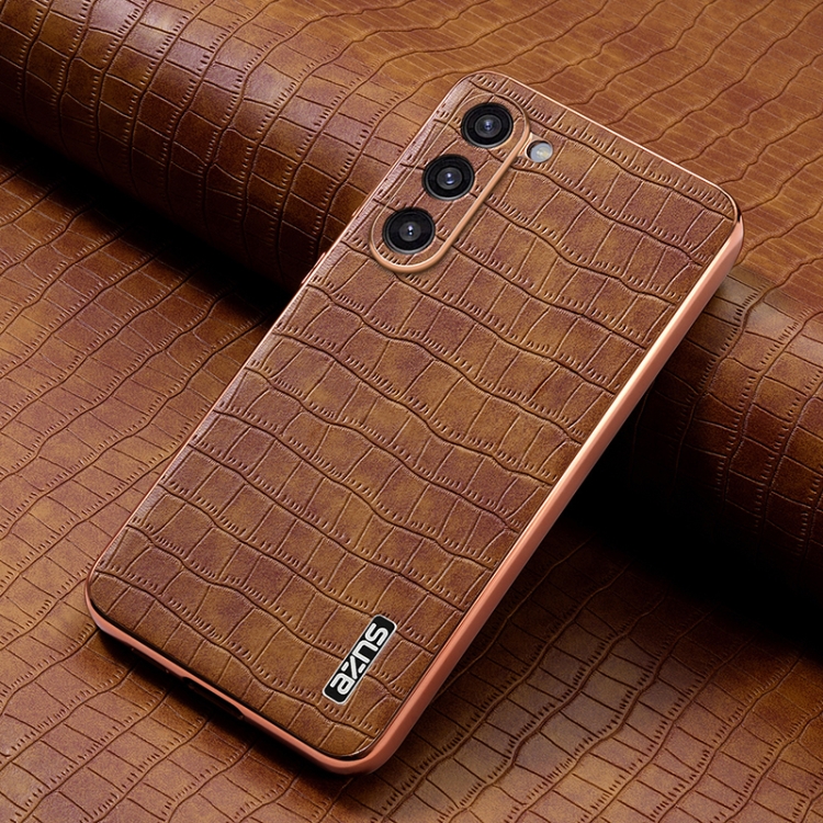 For Samsung Galaxy S23+ 5G AZNS Electroplated Frame Crocodile Texture Full Coverage Phone Case(Brown) For Samsung Galaxy S23+ 5G AZNS Electroplated Frame Crocodile Texture Full Coverage Phone Case(Brown)