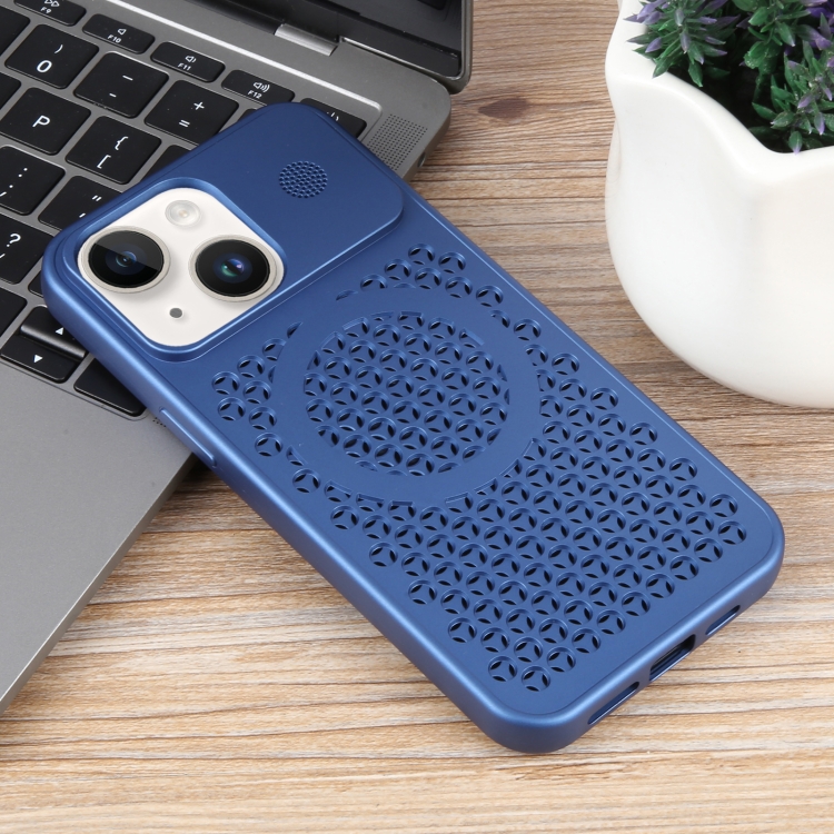 For iPhone 14 Pure Color Honeycomb Aromatherapy MagSafe Phone Case(Blue) For iPhone 14 Pure Color Honeycomb Aromatherapy MagSafe Phone Case(Blue)