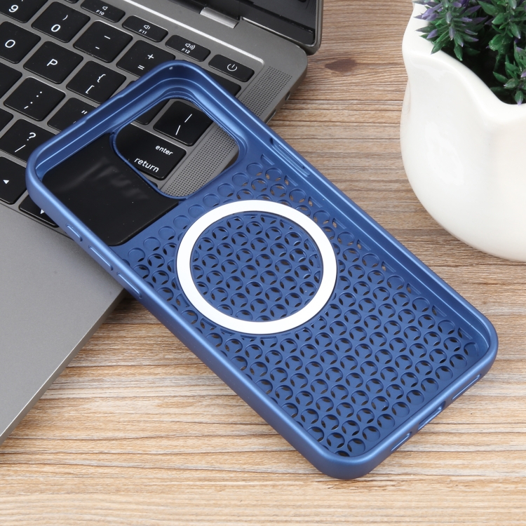 For iPhone 14 Pure Color Honeycomb Aromatherapy MagSafe Phone Case(Blue) For iPhone 14 Pure Color Honeycomb Aromatherapy MagSafe Phone Case(Blue)