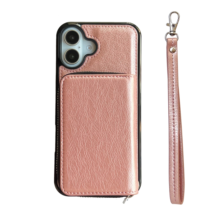 For iPhone 16 Solid Color Zipper 11-Card Slots Bag Phone Case with Lanyard(Rose Gold) For iPhone 16 Solid Color Zipper 11-Card Slots Bag Phone Case with Lanyard(Rose Gold)
