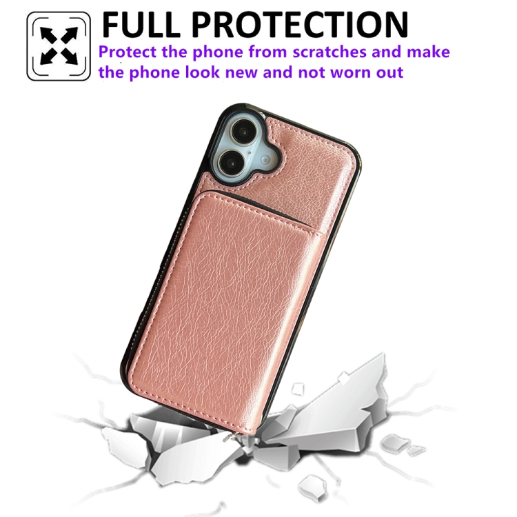 For iPhone 16 Solid Color Zipper 11-Card Slots Bag Phone Case with Lanyard(Rose Gold) For iPhone 16 Solid Color Zipper 11-Card Slots Bag Phone Case with Lanyard(Rose Gold)