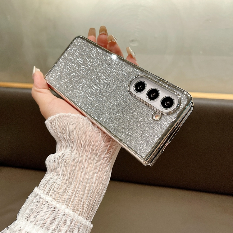 For Samsung Galaxy Z Fold5 PC Side Buckle+Ripples Glitter Paper Full Coverage Phone Case(Silver) For Samsung Galaxy Z Fold5 PC Side Buckle+Ripples Glitter Paper Full Coverage Phone Case(Silver)