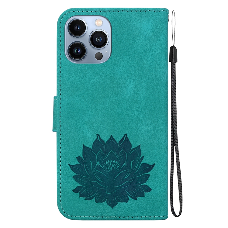 For iPhone 15 Pro Lotus Embossed Leather Phone Case(Green) For iPhone 15 Pro Lotus Embossed Leather Phone Case(Green)
