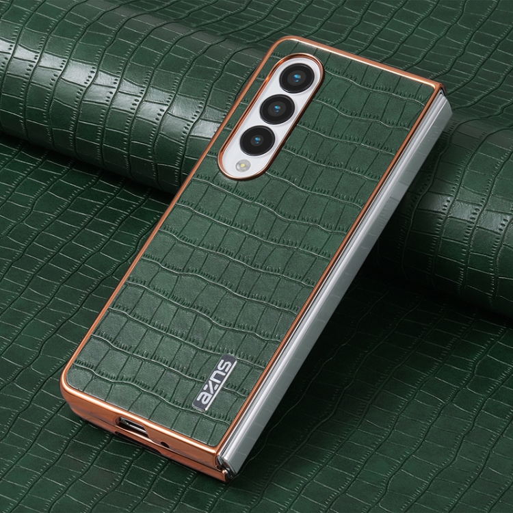 For Samsung Galaxy Z Fold4 5G AZNS Electroplated Frame Crocodile Texture Full Coverage Phone Case(Green) For Samsung Galaxy Z Fold4 5G AZNS Electroplated Frame Crocodile Texture Full Coverage Phone Case(Green)