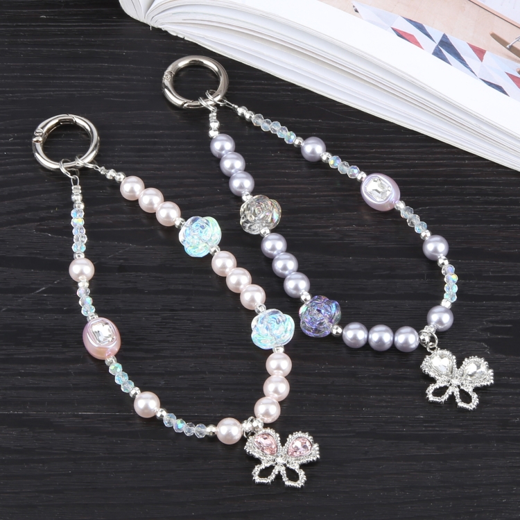 Mobile Phone Anti-lost Crystal Butterfly Beads Short Lanyard(Pink)