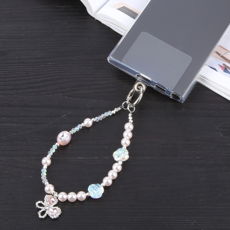 Mobile Phone Anti-lost Crystal Butterfly Beads Short Lanyard(Pink)