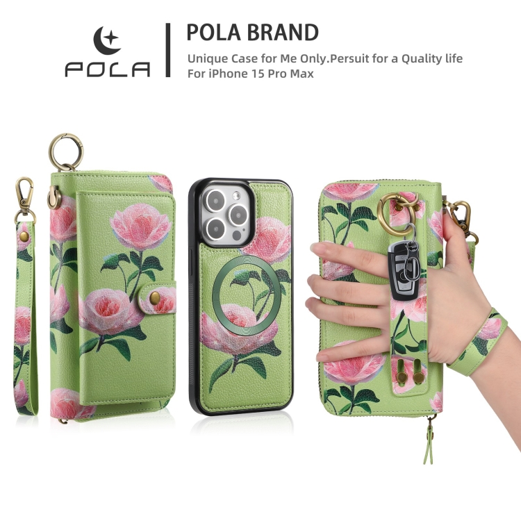 For iPhone 15 Pro POLA MagSafe Flower Multi-functional Zipper Wallet Leather Phone Case(Green) For iPhone 15 Pro POLA MagSafe Flower Multi-functional Zipper Wallet Leather Phone Case(Green)