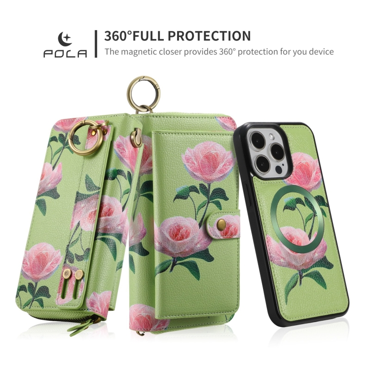 For iPhone 15 Pro POLA MagSafe Flower Multi-functional Zipper Wallet Leather Phone Case(Green) For iPhone 15 Pro POLA MagSafe Flower Multi-functional Zipper Wallet Leather Phone Case(Green)
