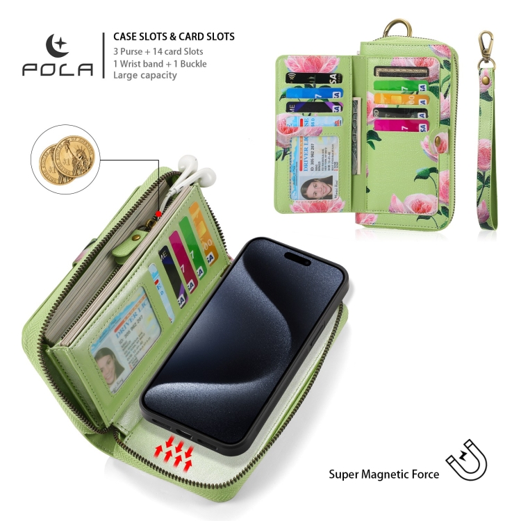 For iPhone 15 Pro POLA MagSafe Flower Multi-functional Zipper Wallet Leather Phone Case(Green) For iPhone 15 Pro POLA MagSafe Flower Multi-functional Zipper Wallet Leather Phone Case(Green)