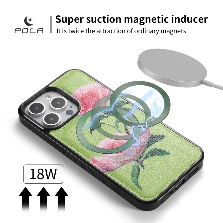 For iPhone 15 Pro POLA MagSafe Flower Multi-functional Zipper Wallet Leather Phone Case(Green) For iPhone 15 Pro POLA MagSafe Flower Multi-functional Zipper Wallet Leather Phone Case(Green)