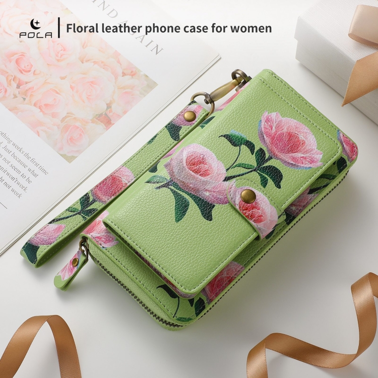 For iPhone 14 Plus POLA MagSafe Flower Multi-functional Zipper Wallet Leather Phone Case(Green) For iPhone 14 Plus POLA MagSafe Flower Multi-functional Zipper Wallet Leather Phone Case(Green)