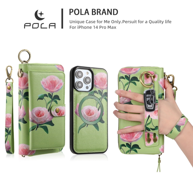 For iPhone 14 Plus POLA MagSafe Flower Multi-functional Zipper Wallet Leather Phone Case(Green) For iPhone 14 Plus POLA MagSafe Flower Multi-functional Zipper Wallet Leather Phone Case(Green)