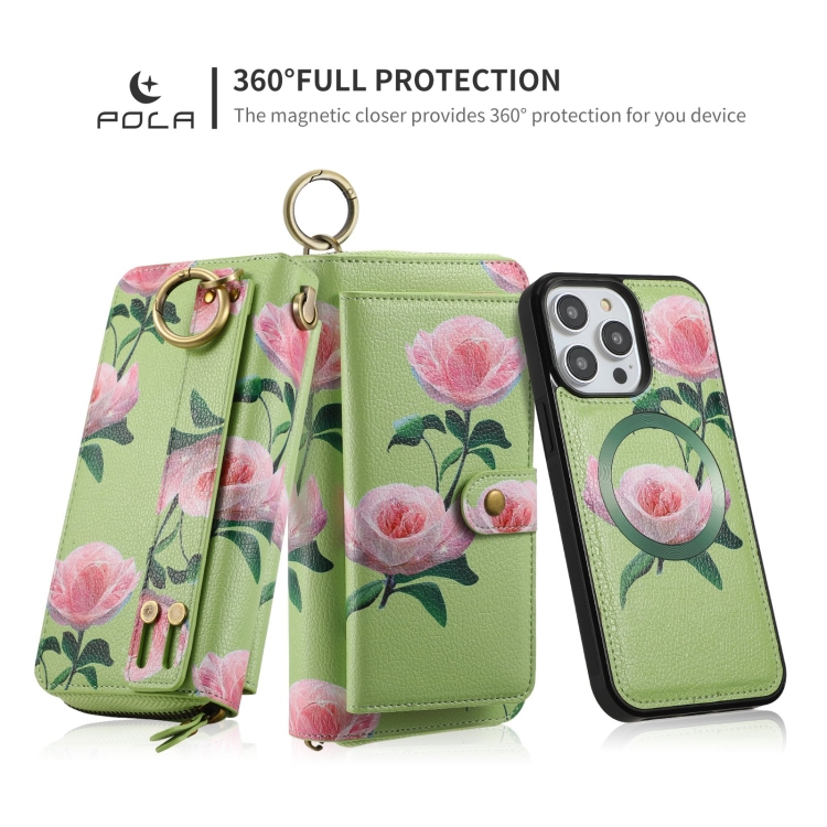 For iPhone 14 Plus POLA MagSafe Flower Multi-functional Zipper Wallet Leather Phone Case(Green) For iPhone 14 Plus POLA MagSafe Flower Multi-functional Zipper Wallet Leather Phone Case(Green)