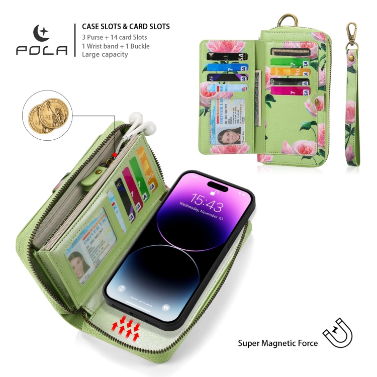 For iPhone 14 Plus POLA MagSafe Flower Multi-functional Zipper Wallet Leather Phone Case(Green) For iPhone 14 Plus POLA MagSafe Flower Multi-functional Zipper Wallet Leather Phone Case(Green)
