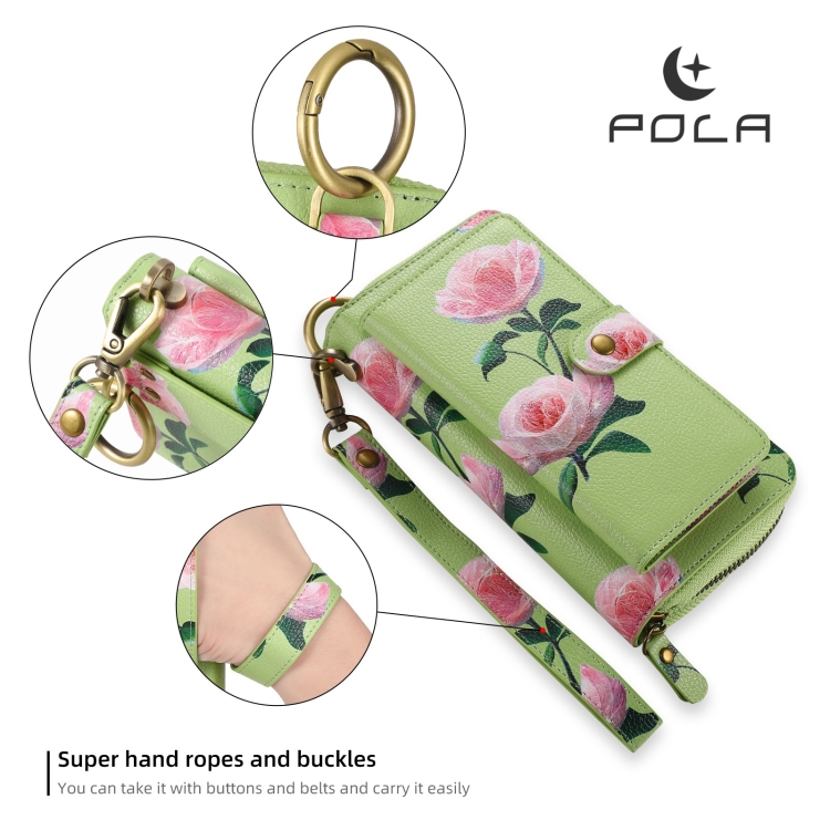 For iPhone 14 Plus POLA MagSafe Flower Multi-functional Zipper Wallet Leather Phone Case(Green) For iPhone 14 Plus POLA MagSafe Flower Multi-functional Zipper Wallet Leather Phone Case(Green)
