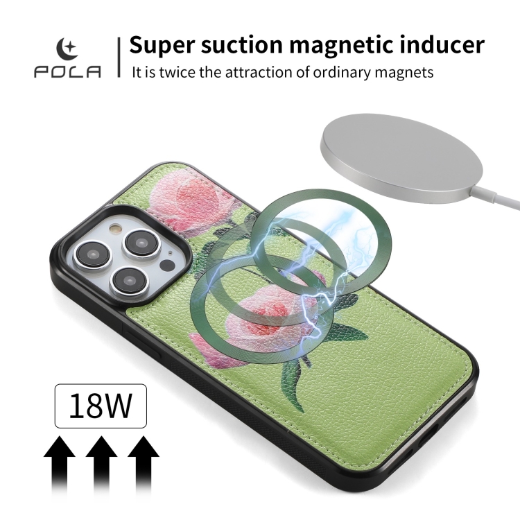 For iPhone 14 Plus POLA MagSafe Flower Multi-functional Zipper Wallet Leather Phone Case(Green) For iPhone 14 Plus POLA MagSafe Flower Multi-functional Zipper Wallet Leather Phone Case(Green)