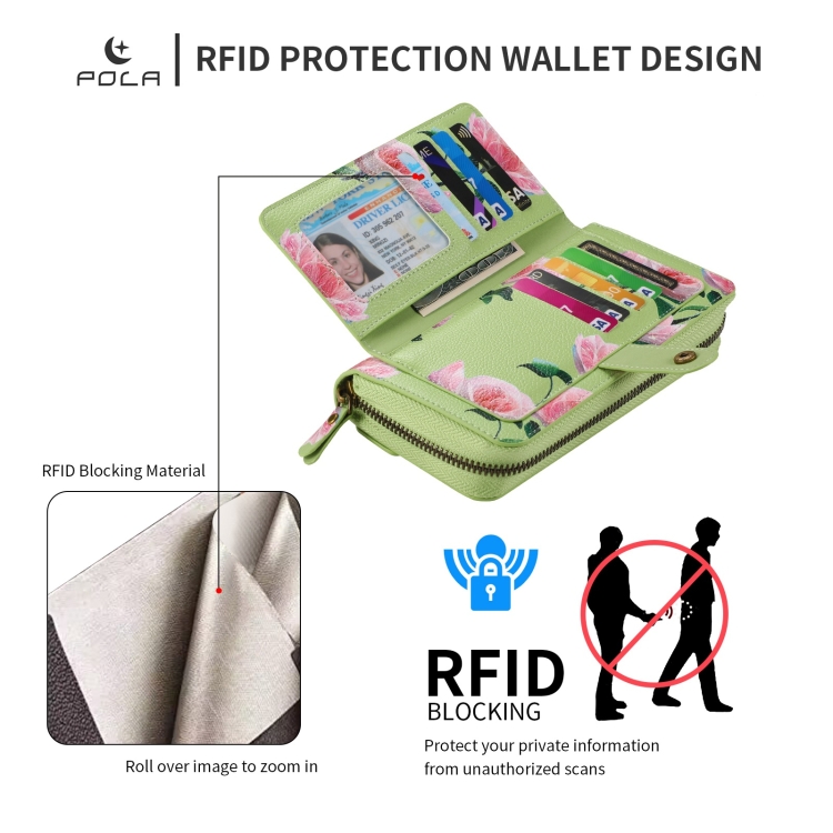 For iPhone 14 Plus POLA MagSafe Flower Multi-functional Zipper Wallet Leather Phone Case(Green) For iPhone 14 Plus POLA MagSafe Flower Multi-functional Zipper Wallet Leather Phone Case(Green)