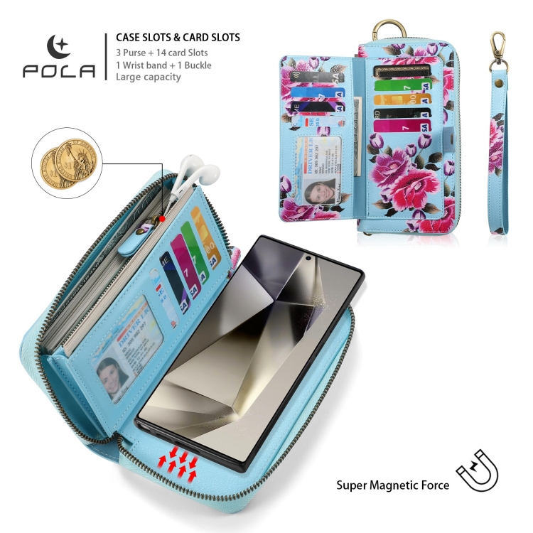 For Samsung Galaxy S24 5G POLA Flower Multi-functional Zipper Wallet Leather Phone Case(Sky Blue) For Samsung Galaxy S24 5G POLA Flower Multi-functional Zipper Wallet Leather Phone Case(Sky Blue)