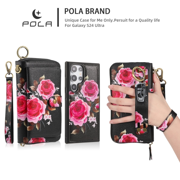 For Samsung Galaxy S24 Ultra 5G POLA Flower Multi-functional Zipper Wallet Leather Phone Case(Black) For Samsung Galaxy S24 Ultra 5G POLA Flower Multi-functional Zipper Wallet Leather Phone Case(Black)