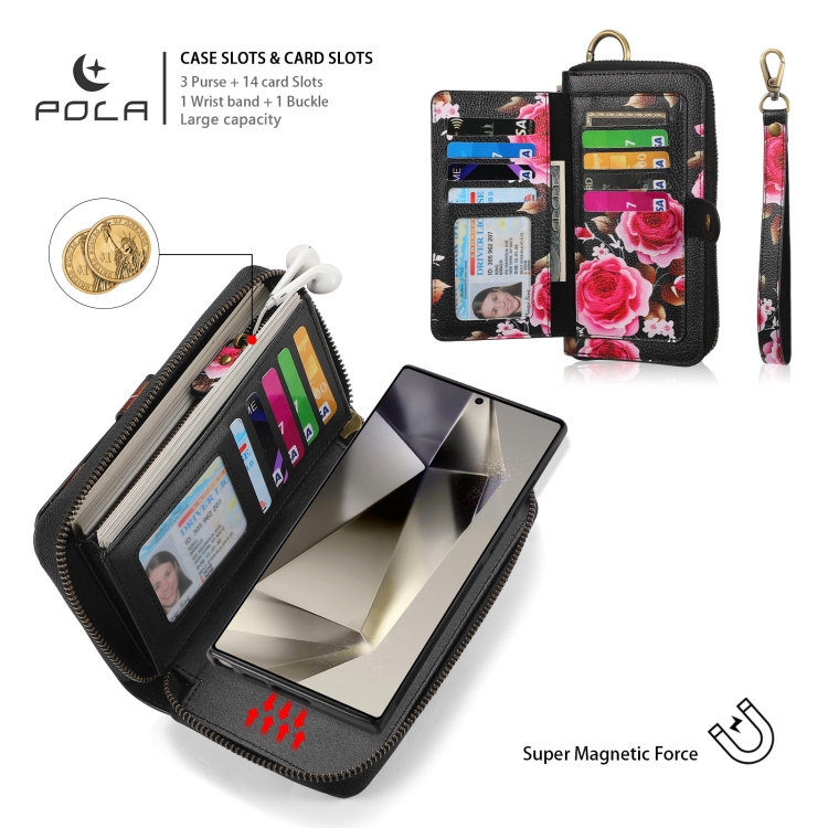For Samsung Galaxy S24 Ultra 5G POLA Flower Multi-functional Zipper Wallet Leather Phone Case(Black) For Samsung Galaxy S24 Ultra 5G POLA Flower Multi-functional Zipper Wallet Leather Phone Case(Black)
