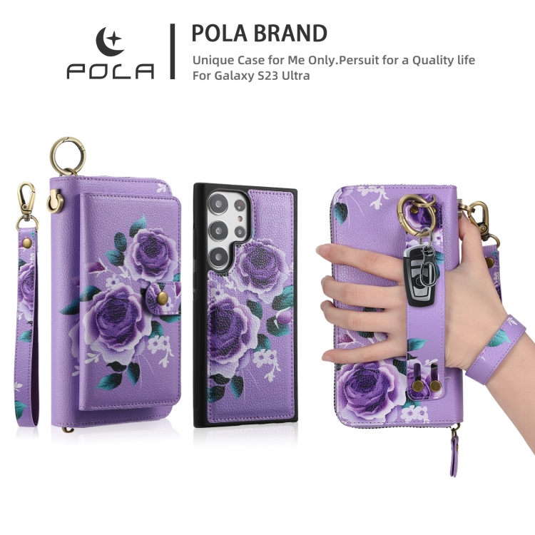 For Samsung Galaxy S23 5G POLA Flower Multi-functional Zipper Wallet Leather Phone Case(Purple) For Samsung Galaxy S23 5G POLA Flower Multi-functional Zipper Wallet Leather Phone Case(Purple)
