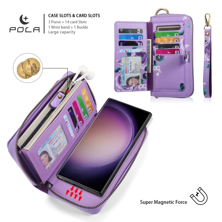 For Samsung Galaxy S23 5G POLA Flower Multi-functional Zipper Wallet Leather Phone Case(Purple) For Samsung Galaxy S23 5G POLA Flower Multi-functional Zipper Wallet Leather Phone Case(Purple)