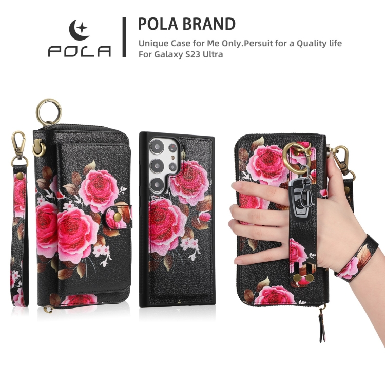 For Samsung Galaxy S23+ 5G POLA Flower Multi-functional Zipper Wallet Leather Phone Case(Black) For Samsung Galaxy S23+ 5G POLA Flower Multi-functional Zipper Wallet Leather Phone Case(Black)
