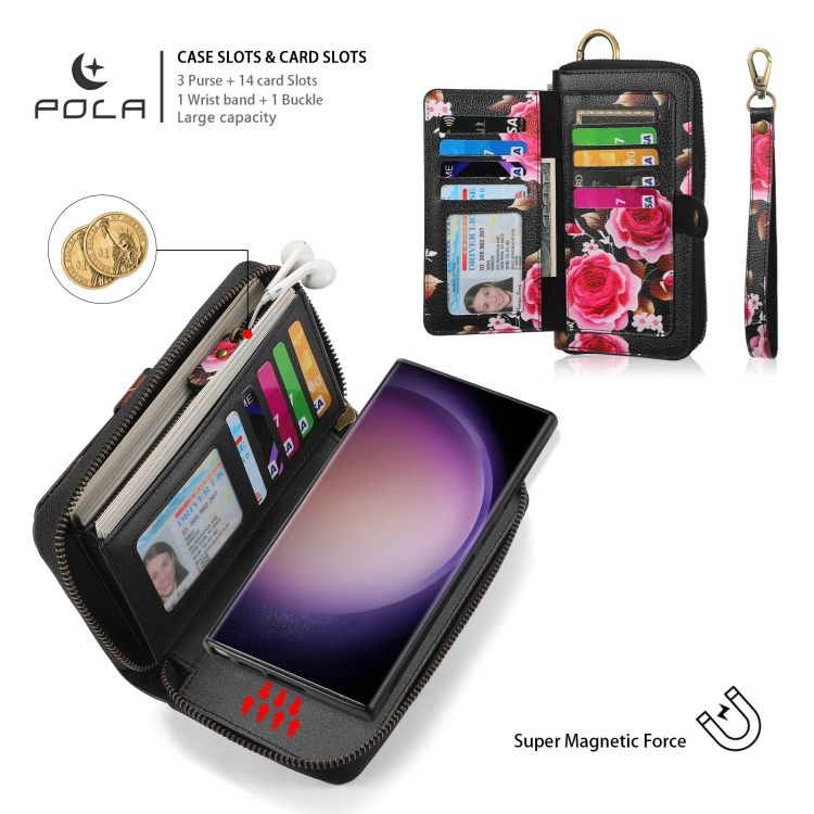For Samsung Galaxy S23+ 5G POLA Flower Multi-functional Zipper Wallet Leather Phone Case(Black) For Samsung Galaxy S23+ 5G POLA Flower Multi-functional Zipper Wallet Leather Phone Case(Black)