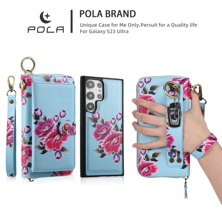 For Samsung Galaxy S23 Ultra 5G POLA Flower Multi-functional Zipper Wallet Leather Phone Case(Sky Blue) For Samsung Galaxy S23 Ultra 5G POLA Flower Multi-functional Zipper Wallet Leather Phone Case(Sky Blue)