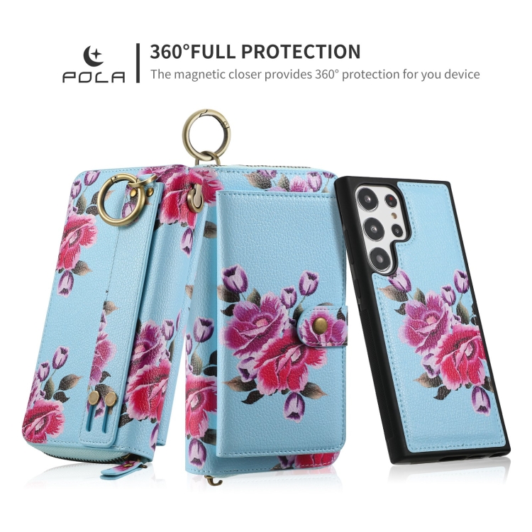 For Samsung Galaxy S23 Ultra 5G POLA Flower Multi-functional Zipper Wallet Leather Phone Case(Sky Blue) For Samsung Galaxy S23 Ultra 5G POLA Flower Multi-functional Zipper Wallet Leather Phone Case(Sky Blue)
