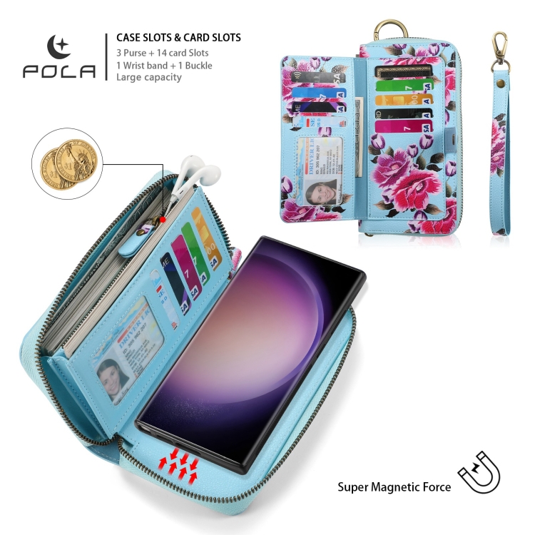For Samsung Galaxy S23 Ultra 5G POLA Flower Multi-functional Zipper Wallet Leather Phone Case(Sky Blue) For Samsung Galaxy S23 Ultra 5G POLA Flower Multi-functional Zipper Wallet Leather Phone Case(Sky Blue)