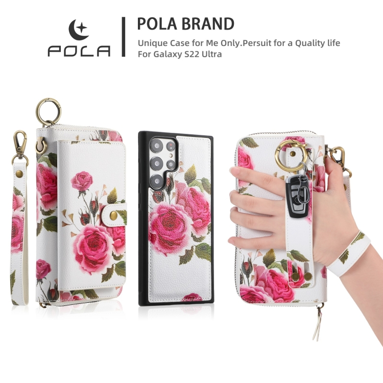 For Samsung Galaxy S22 5G POLA Flower Multi-functional Zipper Wallet Leather Phone Case(Beige) For Samsung Galaxy S22 5G POLA Flower Multi-functional Zipper Wallet Leather Phone Case(Beige)