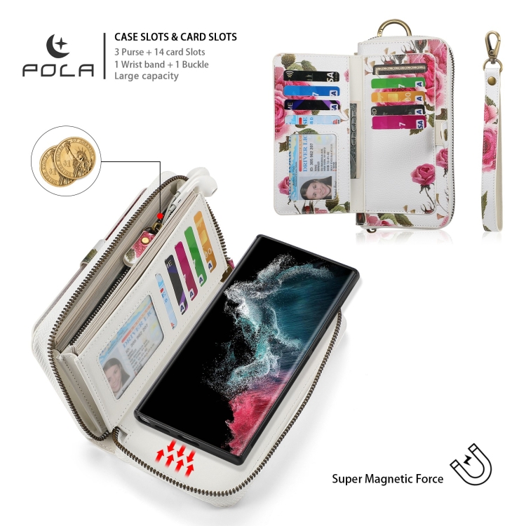 For Samsung Galaxy S22 5G POLA Flower Multi-functional Zipper Wallet Leather Phone Case(Beige) For Samsung Galaxy S22 5G POLA Flower Multi-functional Zipper Wallet Leather Phone Case(Beige)