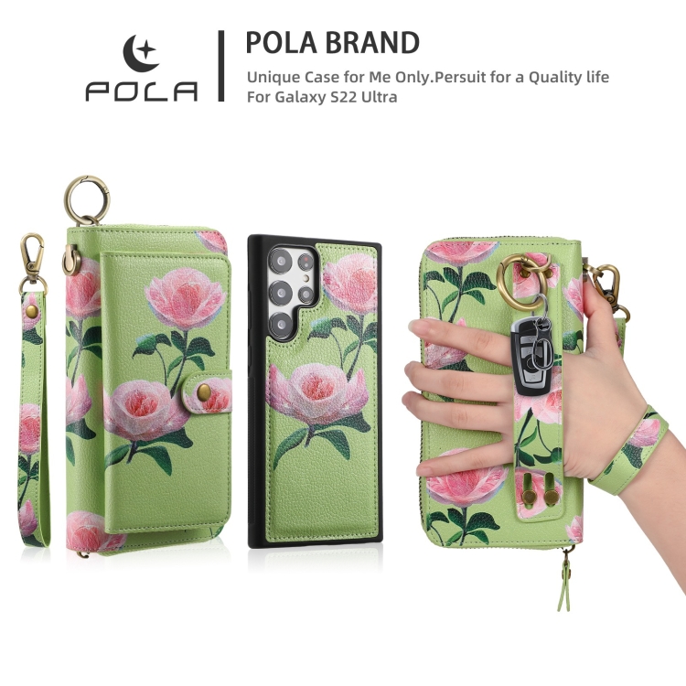 For Samsung Galaxy S22+ 5G POLA Flower Multi-functional Zipper Wallet Leather Phone Case(Green) For Samsung Galaxy S22+ 5G POLA Flower Multi-functional Zipper Wallet Leather Phone Case(Green)