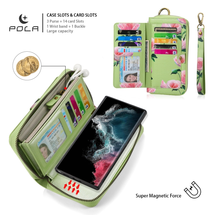 For Samsung Galaxy S22+ 5G POLA Flower Multi-functional Zipper Wallet Leather Phone Case(Green) For Samsung Galaxy S22+ 5G POLA Flower Multi-functional Zipper Wallet Leather Phone Case(Green)