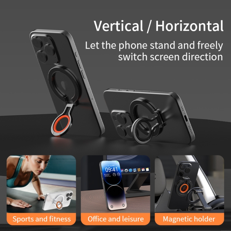 360 Rotations MagSafe Magnetic Finger Ring with Phone Holder(Black + Orange) 360 Rotations MagSafe Magnetic Finger Ring with Phone Holder(Black + Orange)