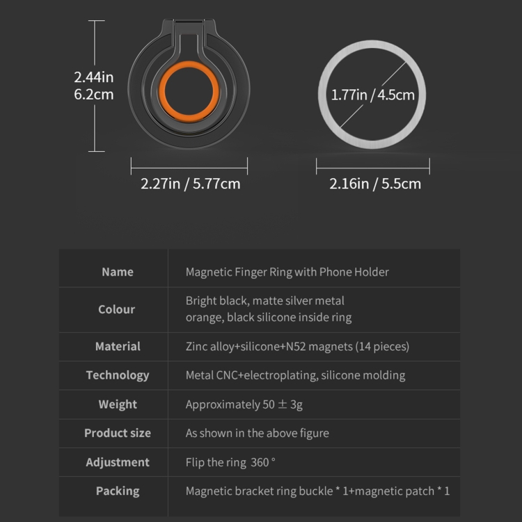 360 Rotations MagSafe Magnetic Finger Ring with Phone Holder(Black + Orange) 360 Rotations MagSafe Magnetic Finger Ring with Phone Holder(Black + Orange)