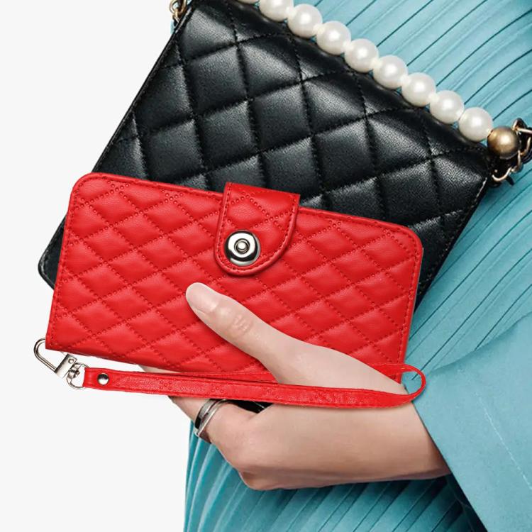 For Blackview Wave 7C Rhombic Texture Flip Leather Phone Case with Lanyard(Red)