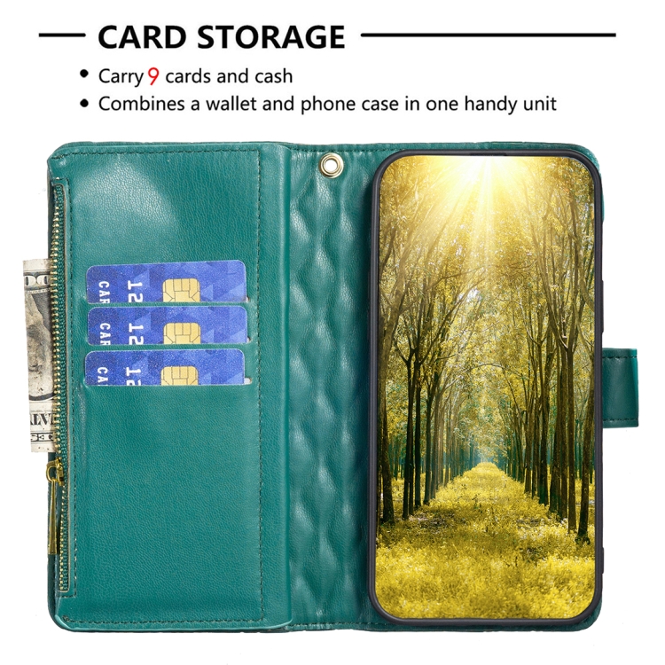 For Samsung Galaxy S25 Ultra 5G Diamond Lattice Zipper Wallet Leather Flip Phone Case(Green) For Samsung Galaxy S25 Ultra 5G Diamond Lattice Zipper Wallet Leather Flip Phone Case(Green)