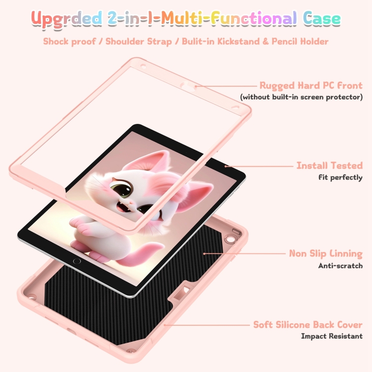 For iPad 10.2 2021 / 2020 / 2019 Cat Holder Silicone Hybrid PC Tablet Case with Strap(Rose Pink) For iPad 10.2 2021 / 2020 / 2019 Cat Holder Silicone Hybrid PC Tablet Case with Strap(Rose Pink)